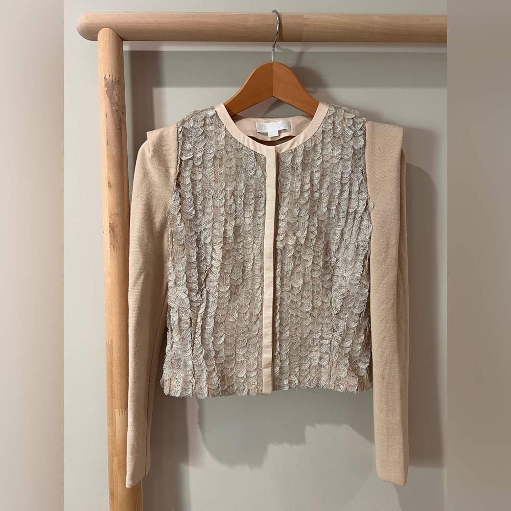 Vintage Jill Stuart ivory beige metallic lace front cardigan sz Small